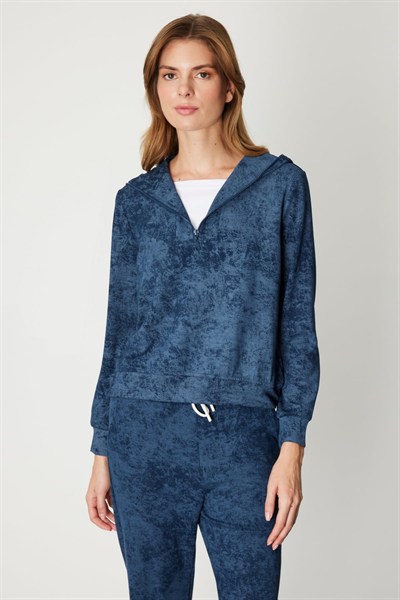 On Yakası Fermuarlı Batik Desenli Eşofman Üstü INDIGO