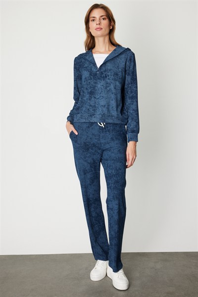 On Yakası Fermuarlı Batik Desenli Eşofman Üstü INDIGO