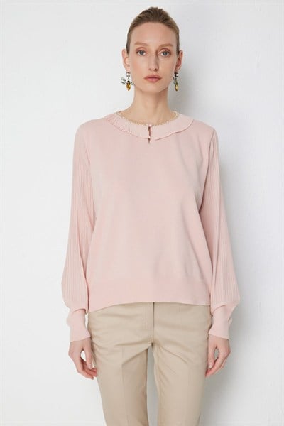 On Yakası Taşlı Şifon Detaylı Bluz PEMBE