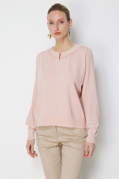 On Yakası Taşlı Şifon Detaylı Bluz PEMBE