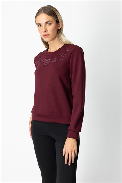 On Yakası Yazılı İşlemeli Sweat BORDO