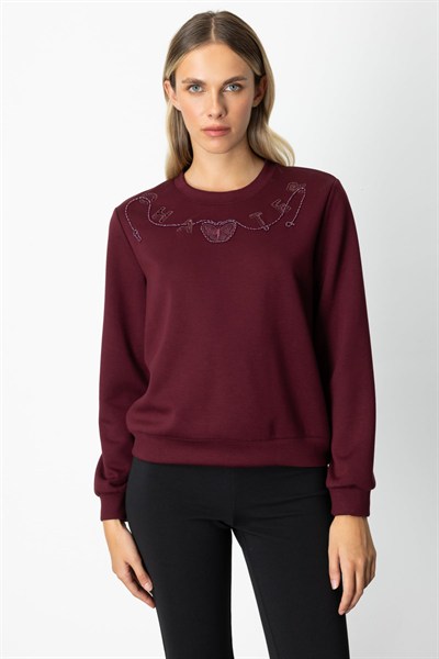 On Yakası Yazılı İşlemeli Sweat BORDO