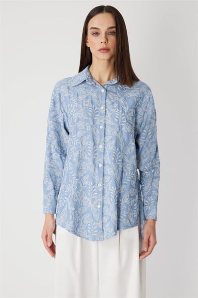 On Yaprak Desenli Pamuklu Uzun Gömlek MAVI