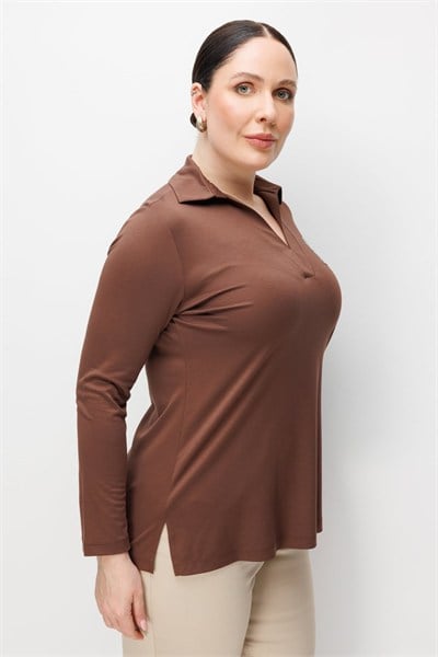On Yaprak Detaylı Polo Yaka Bluz KAHVE