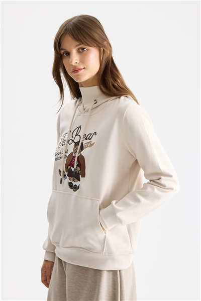 On Ayıcık Baskılı Kapüşonlu Sweatshirt Stone