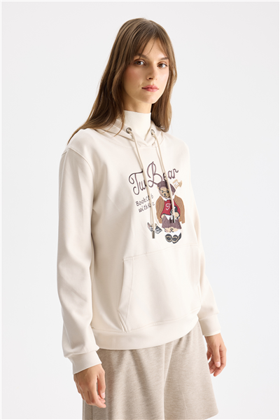 On Ayıcık Baskılı Kapüşonlu Sweatshirt Stone