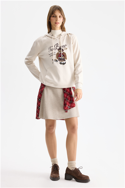 On Ayıcık Baskılı Kapüşonlu Sweatshirt Stone