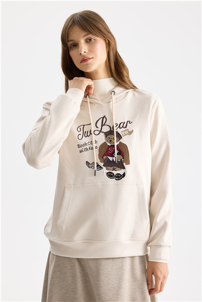 On Ayıcık Baskılı Kapüşonlu Sweatshirt Stone