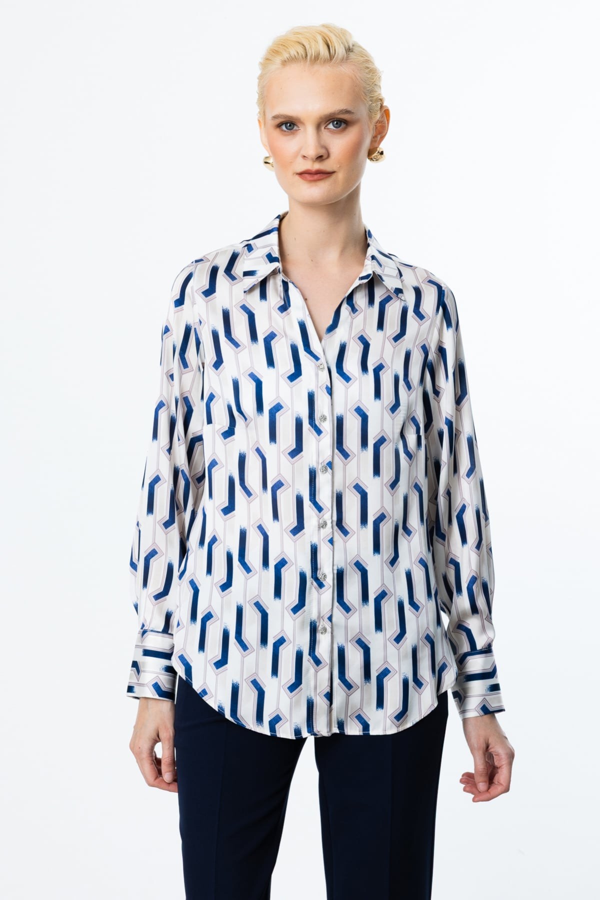 Ekol Desenli Şifon Bluz INDIGO | EKOL