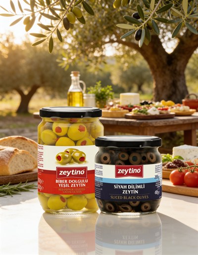 Biberli Yeşil Zeytin 400 gr (141/160) 4XL Cam Kavanoz & Siyah Dilimli Zeytin 200 gr Cam Kavanoz