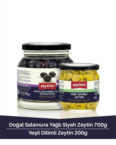 Gemlik Siyah Zeytin 700 gr (261/290) M & Yeşil Dilimli Zeytin 200 gr Cam Kavanoz