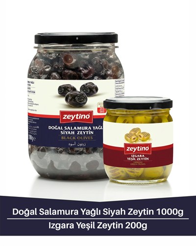 Gemlik Siyah Zeytin Salamura Yağlı 1 kg (351/410) 2XS-3XS & Izgara Yeşil Zeytin 200 gr Cam Kavanoz