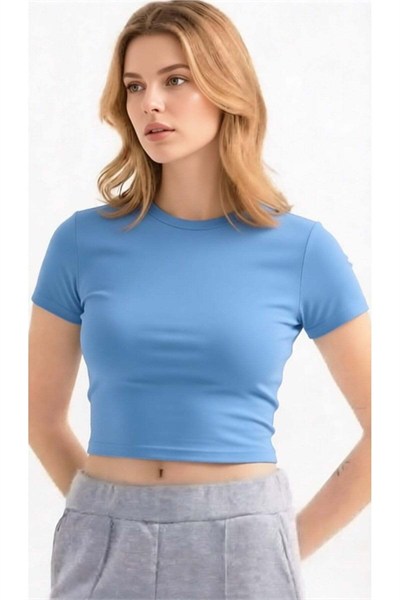 Kadın Bisiklet Yaka Kısa Kollu Crop Body