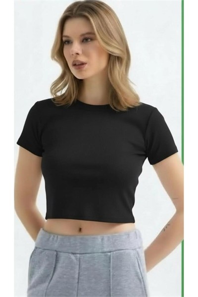 Kadın Bisiklet Yaka Kısa Kollu Crop Body
