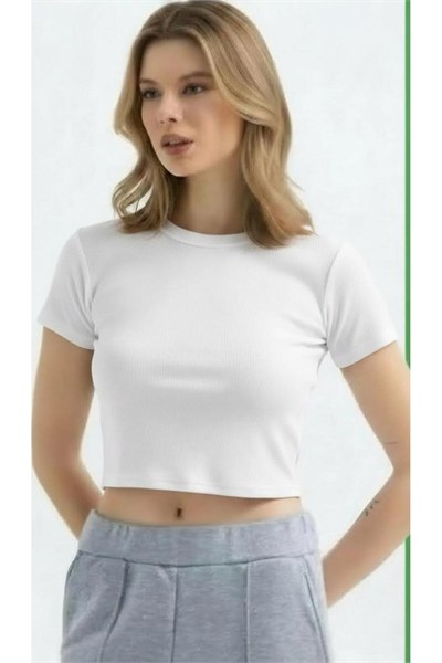 Kadın Bisiklet Yaka Kısa Kollu Crop Body