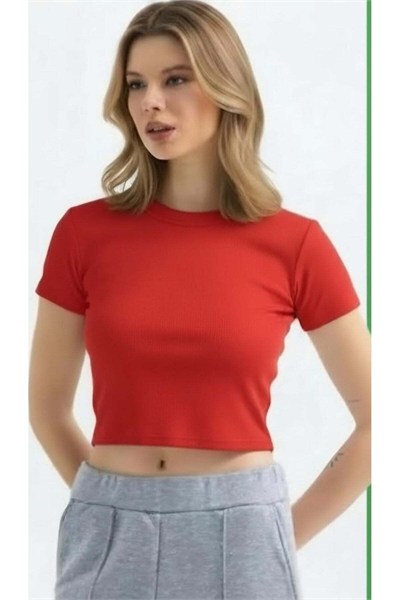 Kadın Bisiklet Yaka Kısa Kollu Crop Body