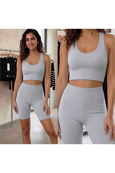 Kadın Fitilli Yüksek Bel Toparlayıcı Crop & Şort Takım (2'li Set)
