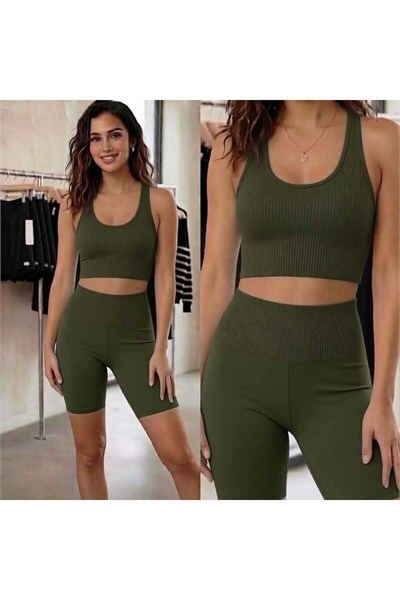 Kadın Fitilli Yüksek Bel Toparlayıcı Crop & Şort Takım (2'li Set)