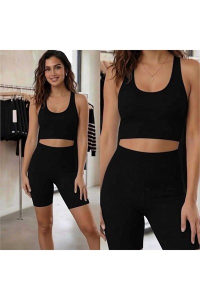 Kadın Fitilli Yüksek Bel Toparlayıcı Crop & Şort Takım (2'li Set)