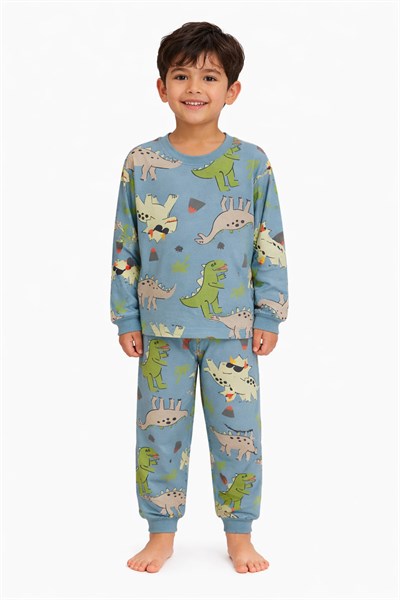 Mavi Dinozor Desenli Erkek Çocuk Pijama Takımı