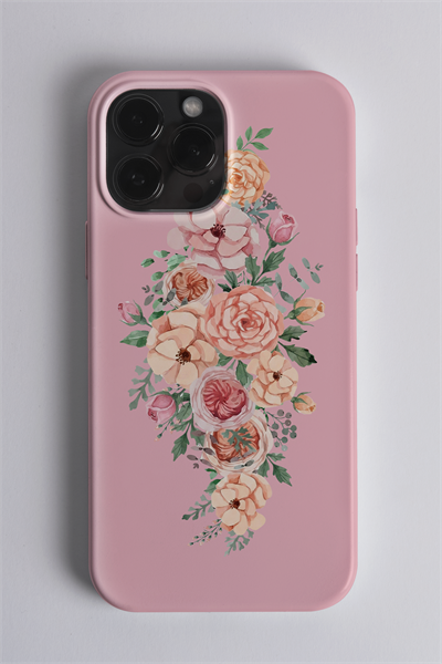 iPhone 13 Pro Çiçekler İçi Kadife Silikon Kılıf Pembe