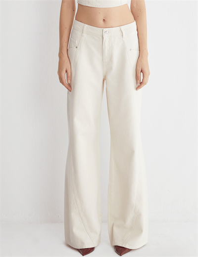 Ecru Orta Bel Geniş Paça Gabardin Jeans