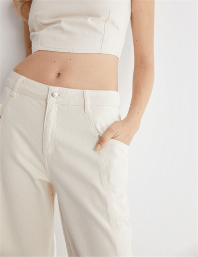 Ecru Orta Bel Geniş Paça Gabardin Jeans