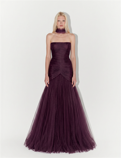 Draped Strapless Tulle Gown with Scarf In Purple