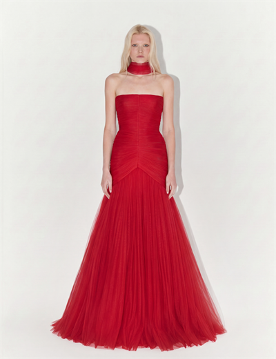 Draped Strapless Tulle Gown with Scarf In Red