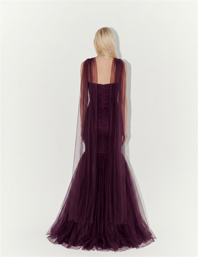 Draped Strapless Tulle Gown with Scarf In Purple
