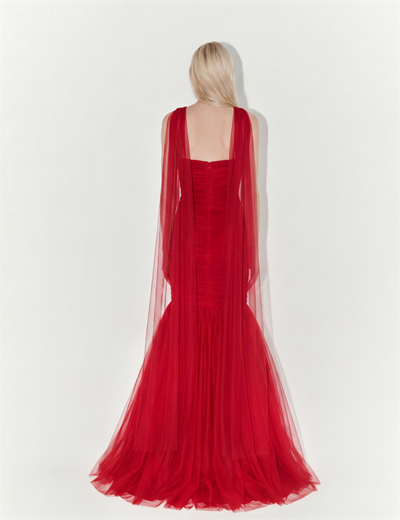 Draped Strapless Tulle Gown with Scarf In Red