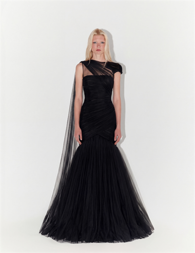 One-Shoulder Couture Structural Tulle Gown In Black