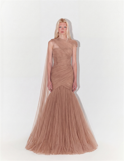 One-Shoulder Couture Structural Tulle Gown In Nude