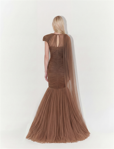 One-Shoulder Couture Structural Tulle Gown In Brown