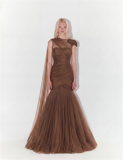 One-Shoulder Couture Structural Tulle Gown In Brown