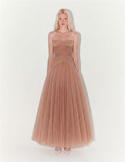 Strapless Midi Tulle Dress In Nude