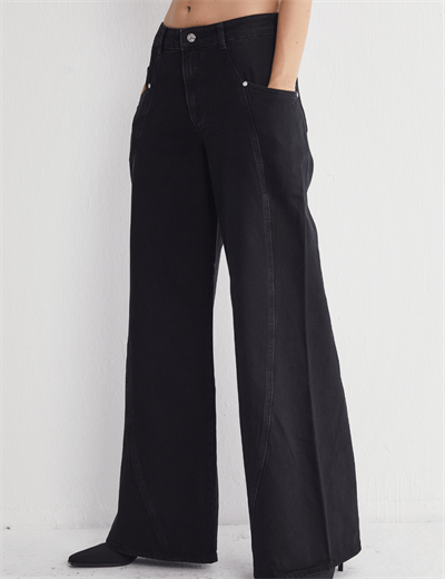Geniş Paça Solmayan Siyah Jeans