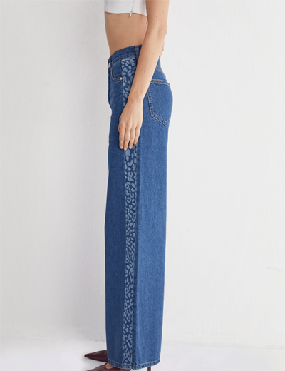Leopar Şeritli Yüksek Bel Bol Paça Denim Jeans