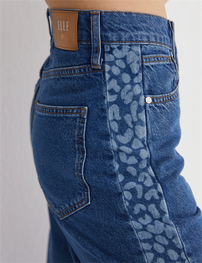 Leopar Şeritli Yüksek Bel Bol Paça Denim Jeans