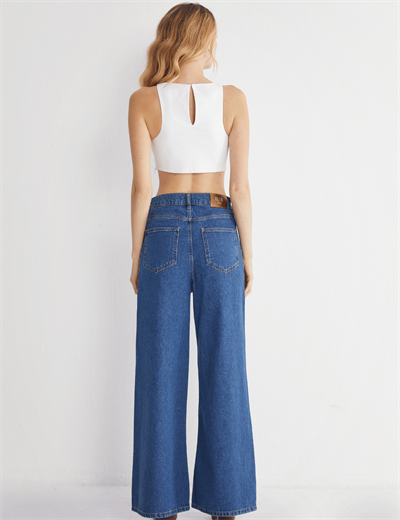 Leopar Şeritli Yüksek Bel Bol Paça Denim Jeans