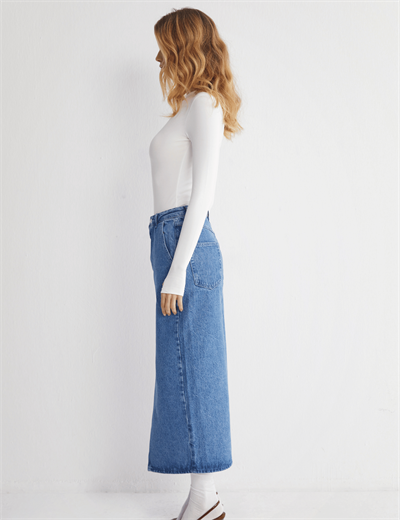 Yüksek Bel Yırtmaçlı Denim Etek