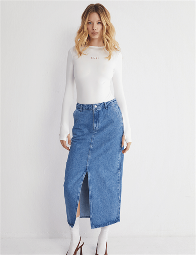 Yüksek Bel Yırtmaçlı Denim Etek