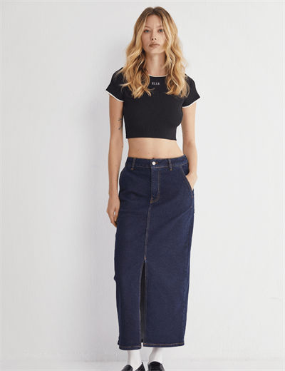 Yüksek Bel Yırtmaçlı Midi Jeans Etek