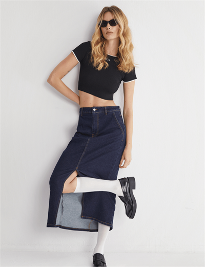 Yüksek Bel Yırtmaçlı Midi Jeans Etek