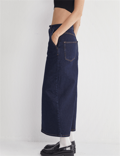 Yüksek Bel Yırtmaçlı Midi Jeans Etek