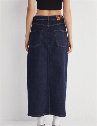 Yüksek Bel Yırtmaçlı Midi Jeans Etek
