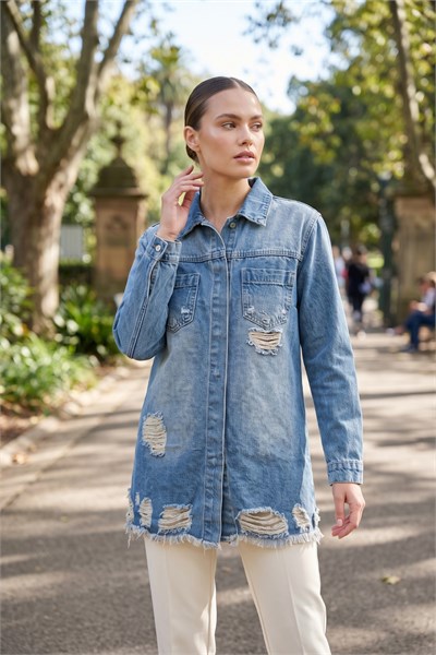 Eskitme Detaylı Denim Ceket