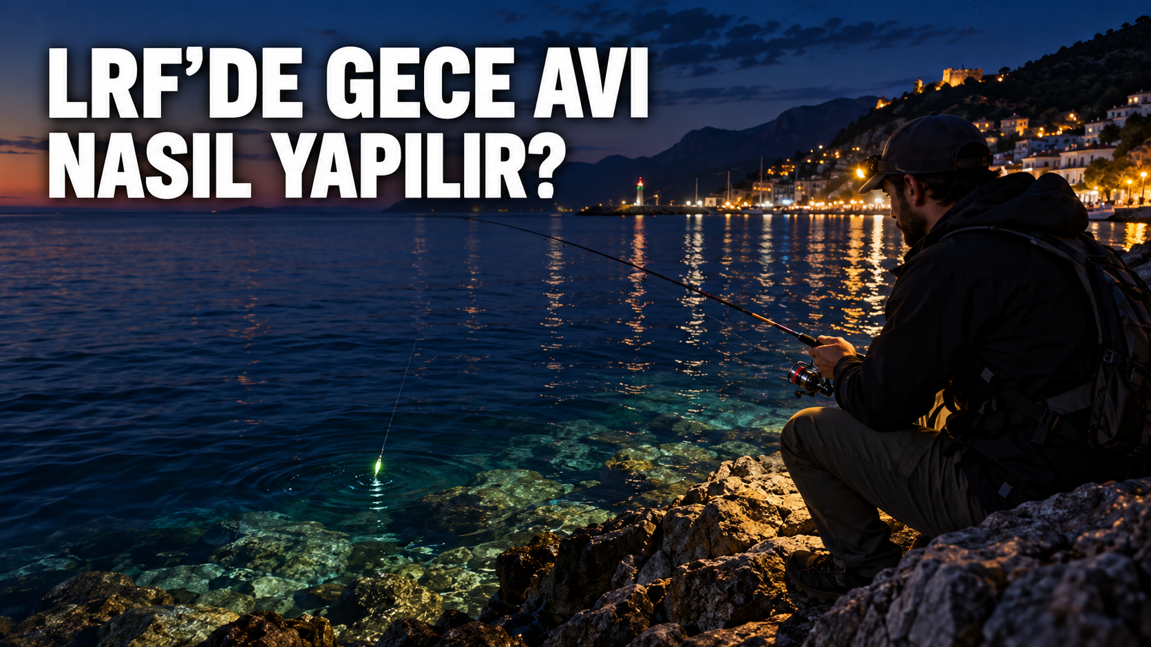 Gece kıyı avında kafa lambasıyla LRF takımı kullanan balıkçı