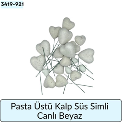 Pasta Üstü Kalp Süs Simli Beyaz