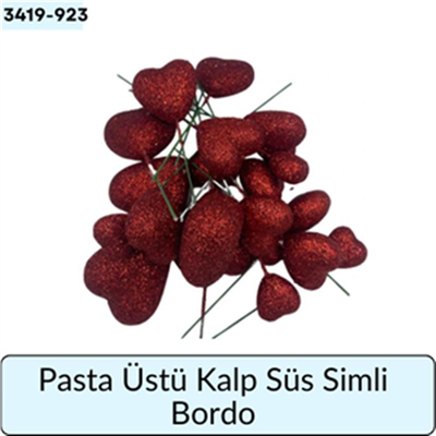 Pasta Üstü Kalp Süs Simli Bordo